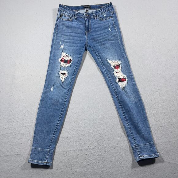 Judy Blue Skinny Fit Jeans Women 7/28 Distressed Patched Ripped USA Flag Denim - Picture 1 of 11